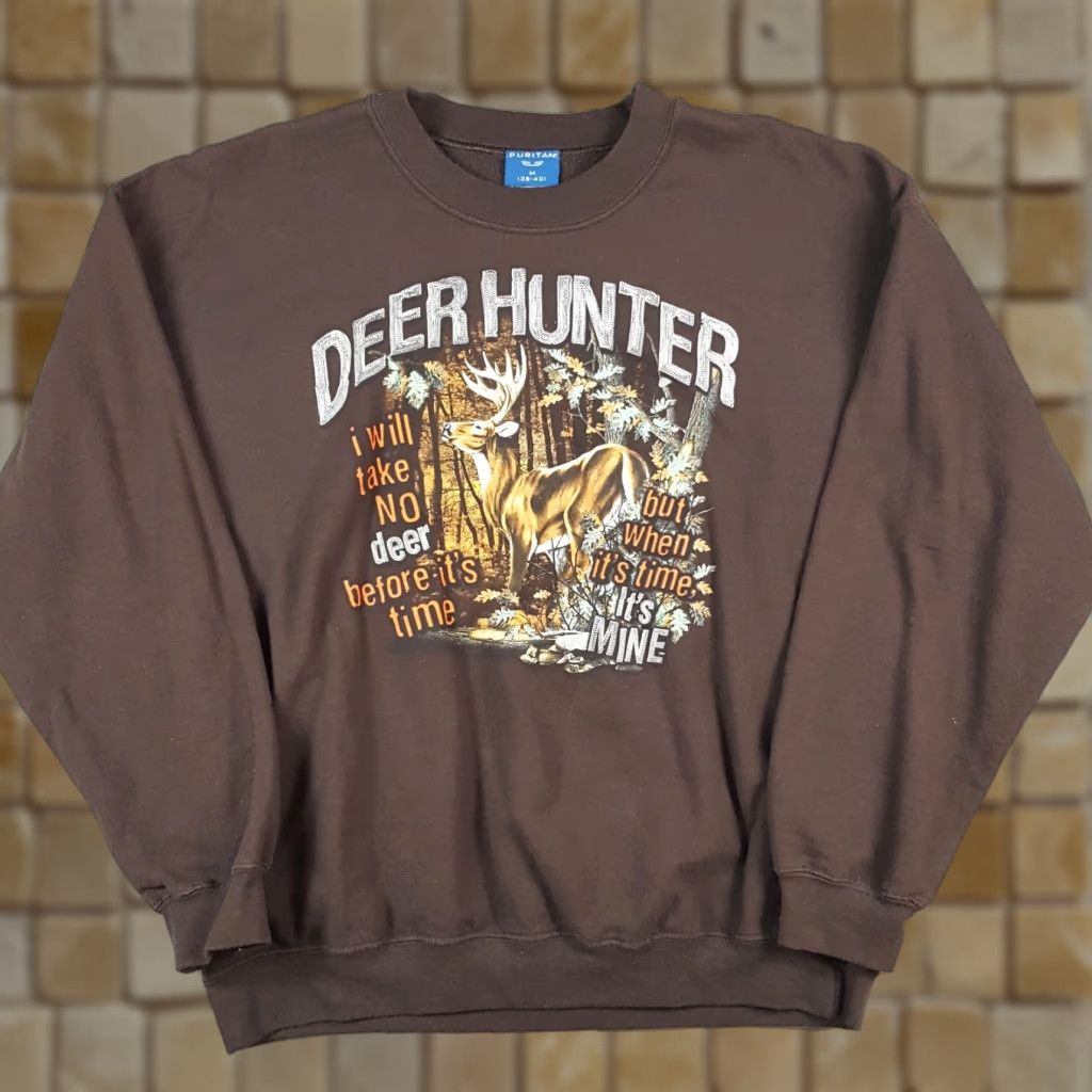 Hunter VINTAGE Puritan Deer Hunter Sweatshirt Pullover Crewneck M Brown cotton blend fleece Men Vintage 90s Outdoor Sports USA University Hunting Size US M / EU 48-50 / 2 - 1 Thumbnail