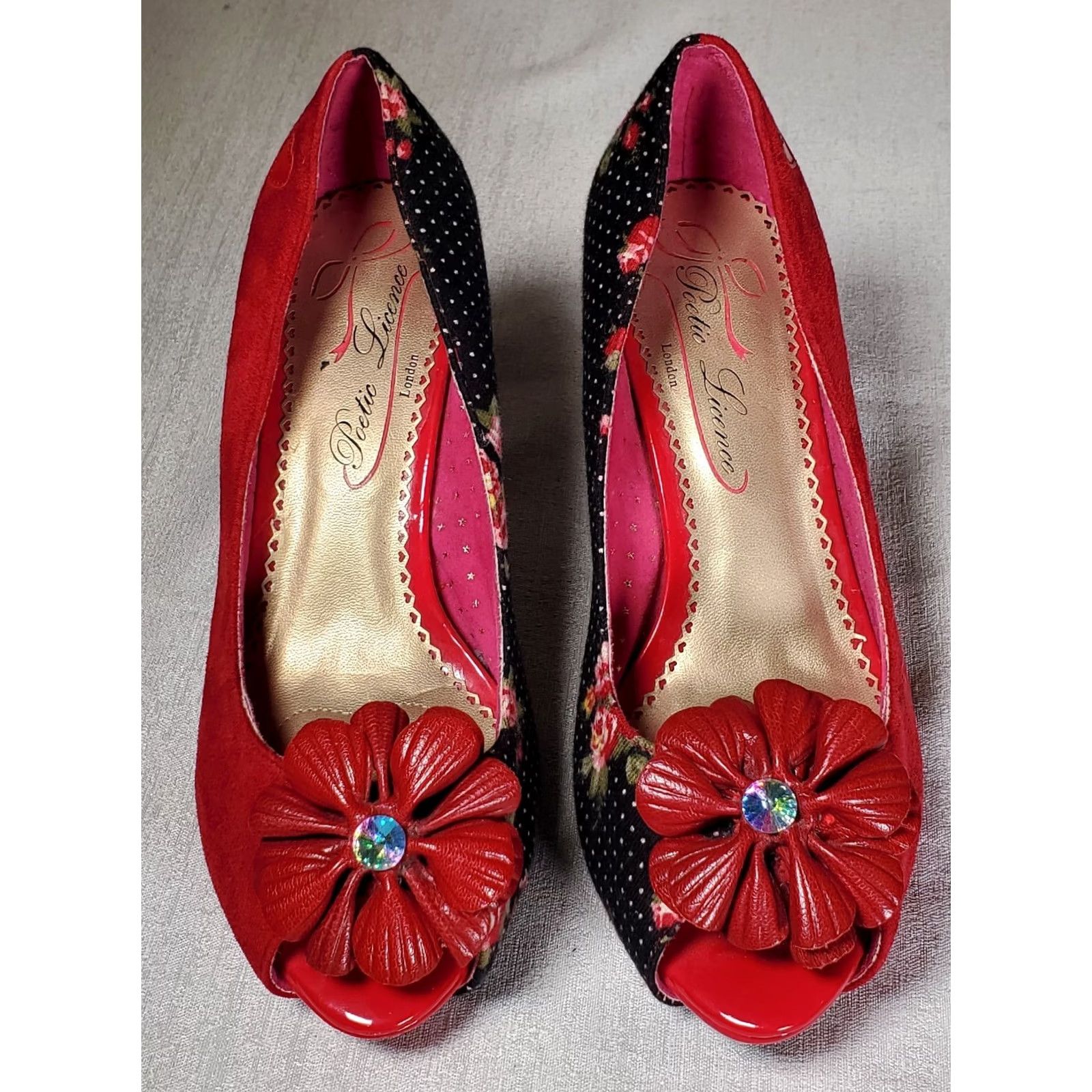 Vintage Poetic Licence Bloom High Heel Pumps Red Suede and Fabric Women's Size US 7 Pump Stiletto Shoes Size US 7 / IT 37 - 4 Thumbnail