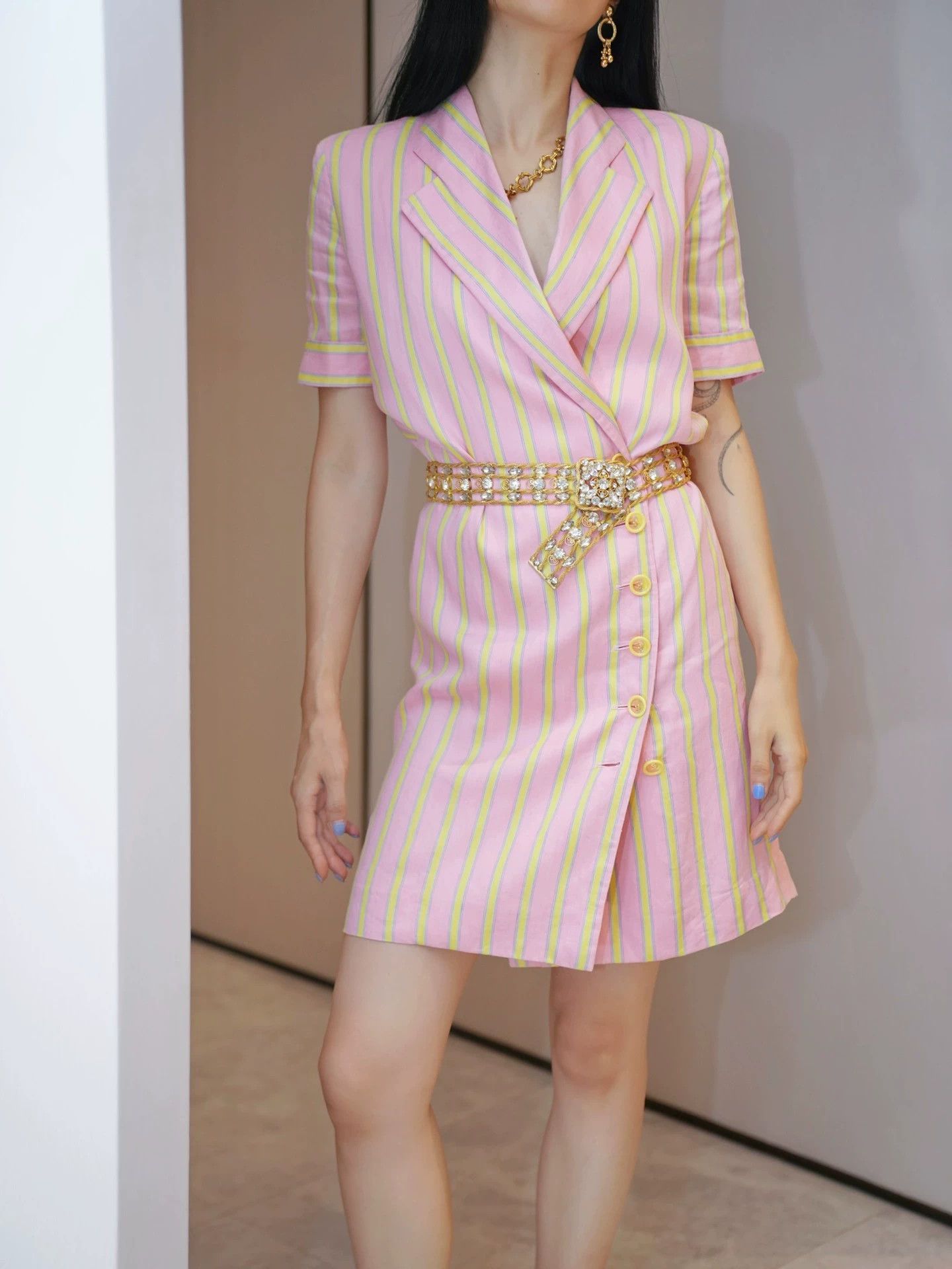 Christian Dior Monsieur Dior Vintage Pink Striped Cotton-Linen Dress Size M / US 6-8 / IT 42-44 - 9 Thumbnail
