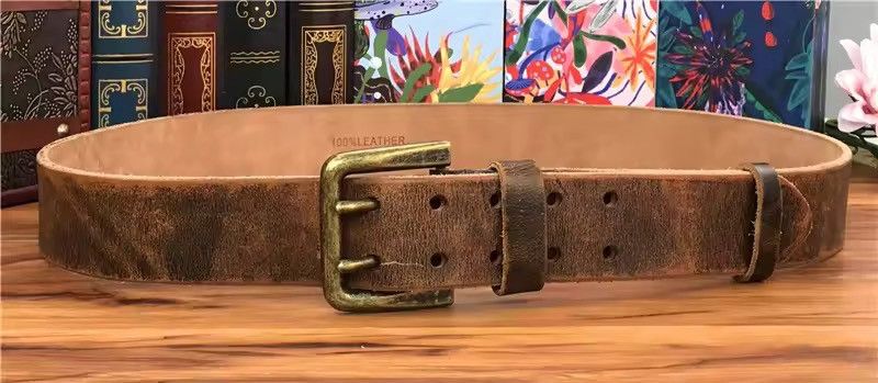 Genuine Leather Super Wide 4.2 CM Thick Genuine Leather Double Buckle Belt Size ONE SIZE - 5 Thumbnail