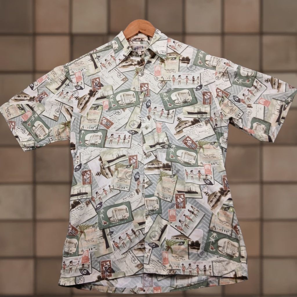 Vintage VINTAGE Moda Capra Hawaiian Shirt Mens S Short Sleeve Button-Down Cream Graphic Print Vintage Postcard Theme 90s? Travel Size US S / EU 44-46 / 1 - 1 Thumbnail