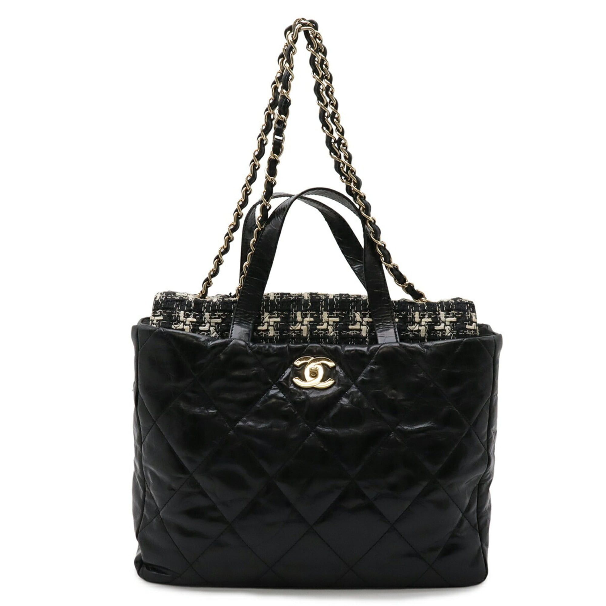 Chanel CHANEL Coco Mark Portobello Matelassé Tote Bag Shoulder Chain Leather Tweed Black A39045 Size ONE SIZE - 1 Thumbnail