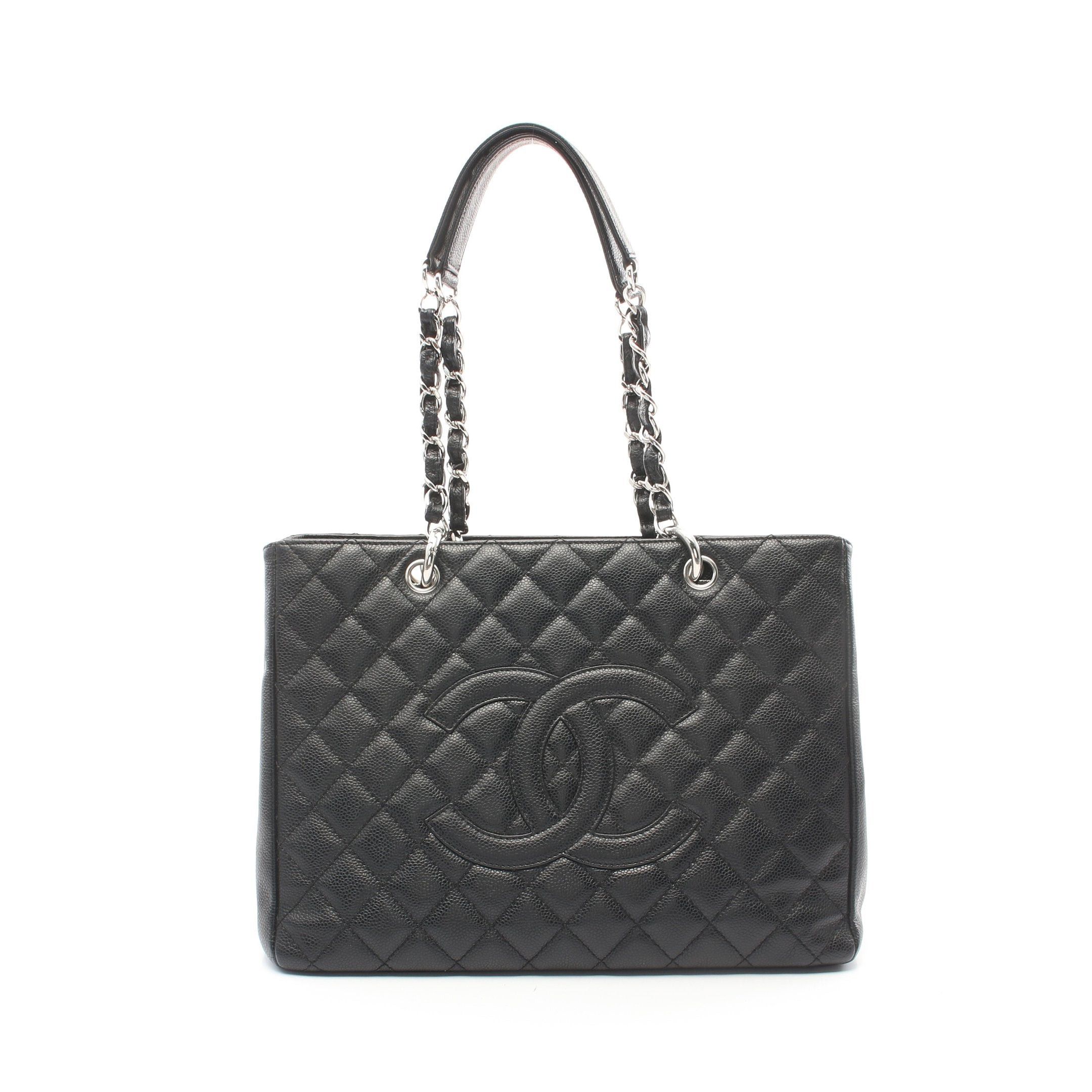 Chanel Matelasse Grand Shopping Gst Chain Shoulder Bag Tote Caviar Skin Black Silver Hardware, Women's