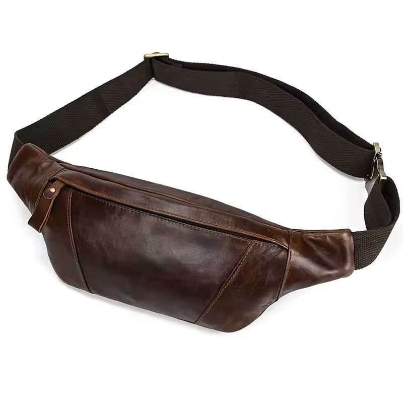 Real Genuine Leather Crossbody Waist Small Bag in Brown, Men's