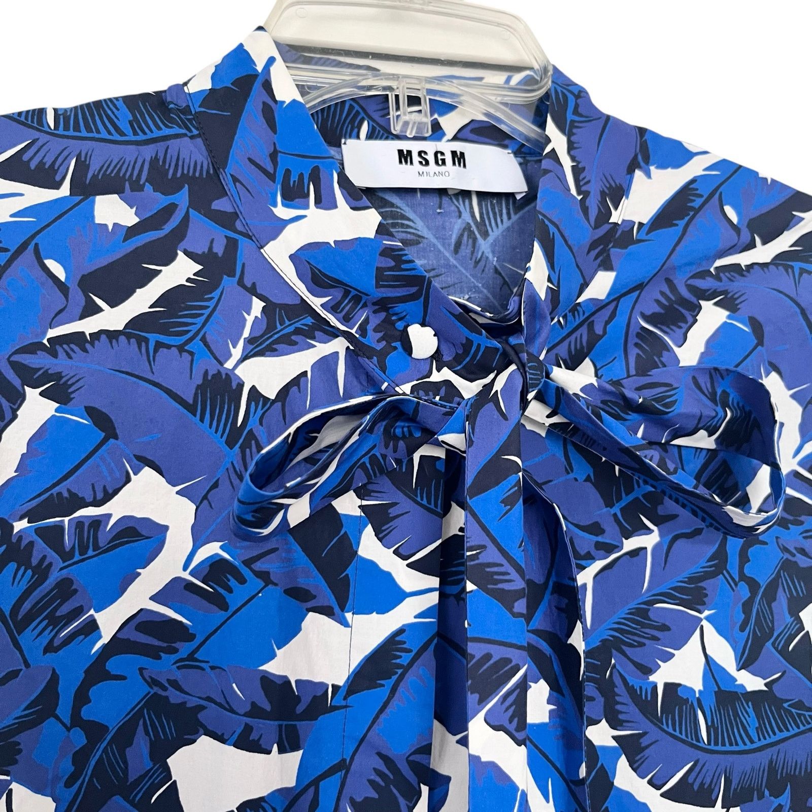 MSGM MSGM Blue Tropical Leaf Print Tie Neck Cotton Blouse Size M / US 6-8 / IT 42-44 - 3 Thumbnail