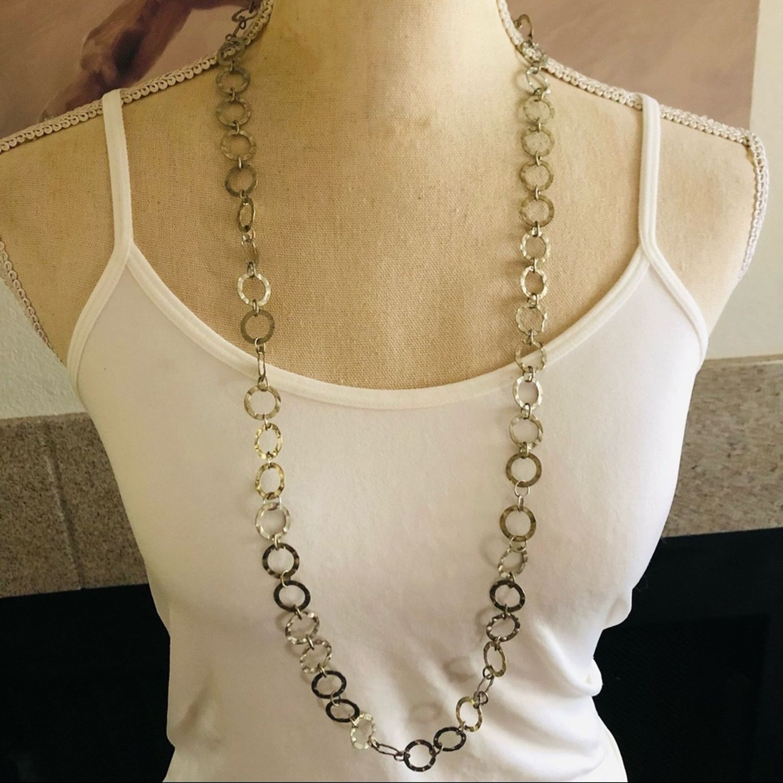 Jewelry Antique silver tone hammered link chain long necklace Size ONE SIZE - 1 Thumbnail
