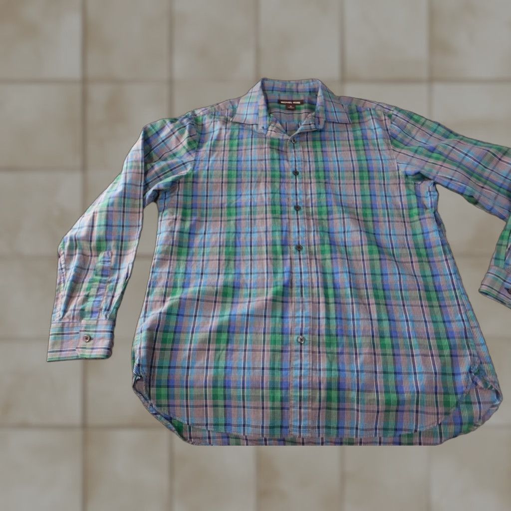 Michael Kors Michael Kors Mens Shirt M Long Sleeve Plaid Button-Down Collared Cotton Polyester Knit Slim Blue Pink Accent Buttons Casual Size US M / EU 48-50 / 2 - 1 Thumbnail