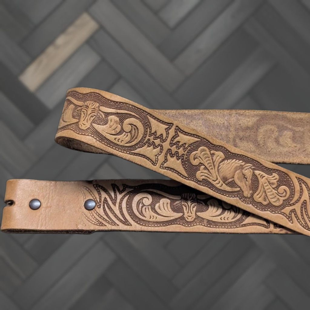Vintage VINTAGE handcrafted western belt Tooled brown leather 36 belt 1-1/2" buckle WESTERN belt for Men Size 36 - 1 Thumbnail