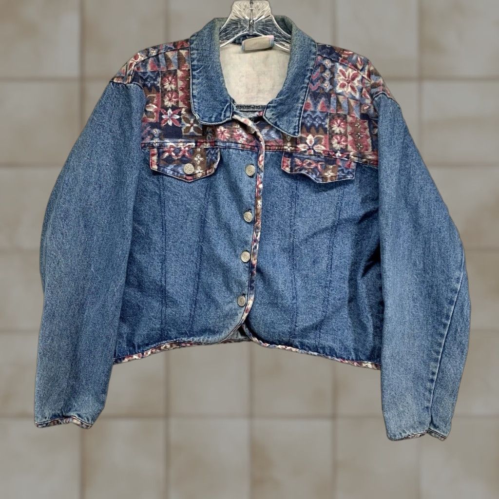 Denime VINTAGE Women’s Denim Jacket Medium Blue 80s 90s Fair Isle Pattern Crop Short Sleeve USA Size M / US 6-8 / IT 42-44 - 1 Thumbnail