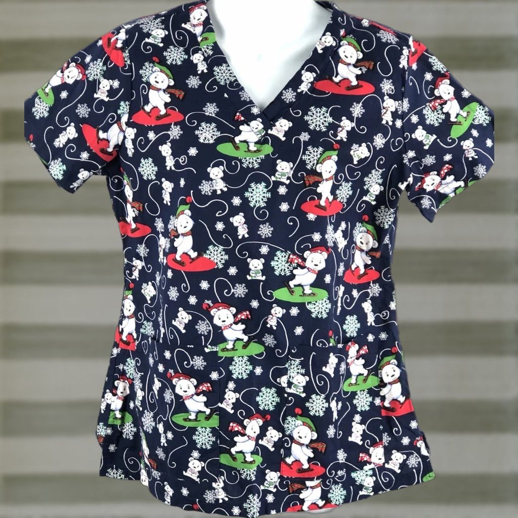 Vintage Med Couture Scrubs Top M Christmas Bears ShortSleeve Pockets PullOver Blue Womens Size US M / EU 48-50 / 2 - 1 Thumbnail