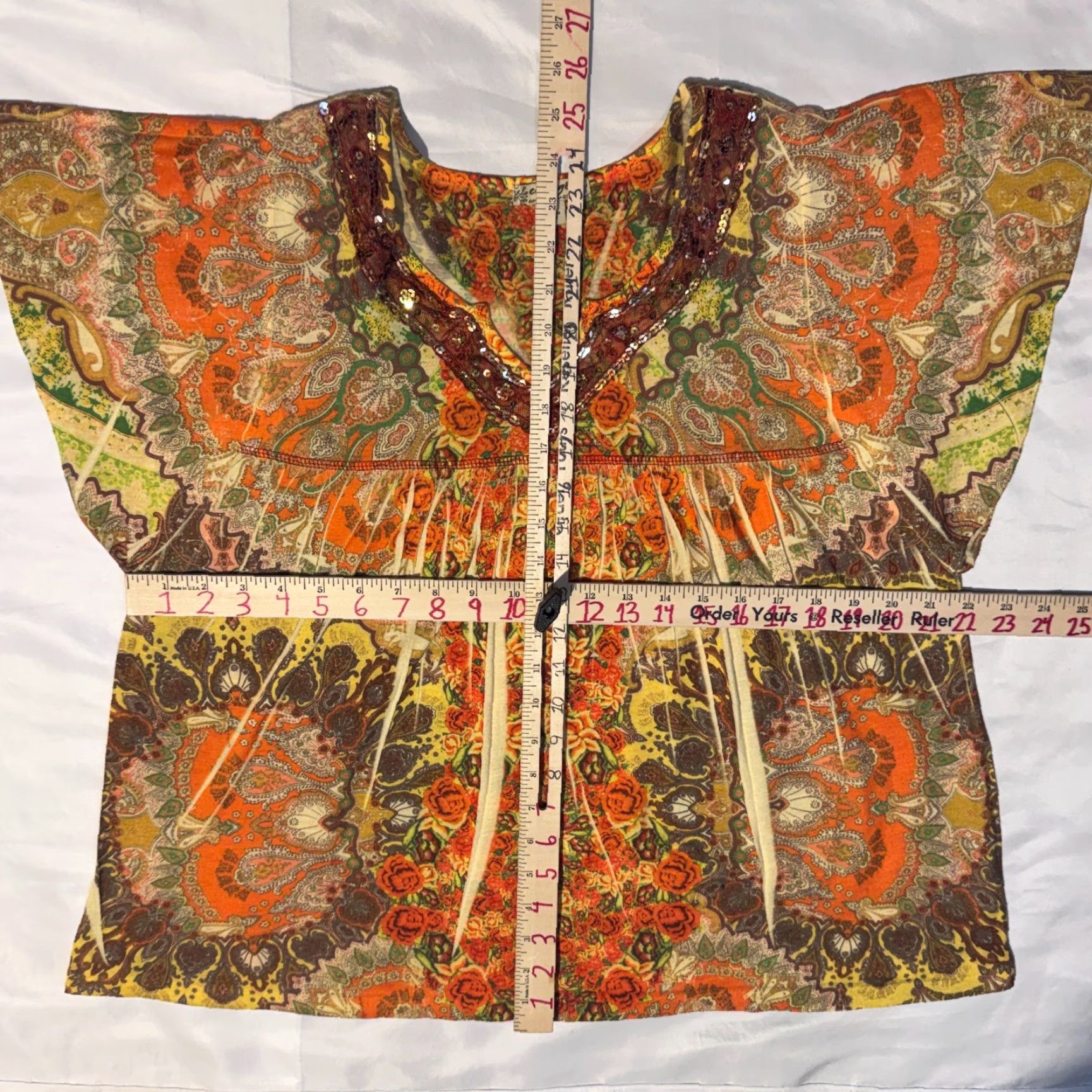 Vintage Energe Blouse Orange 1X Short Sleeve Paisley Sequin Lace Collar Bohemian Top Women Plus Size Size XL / US 12-14 / IT 48-50 - 5 Thumbnail