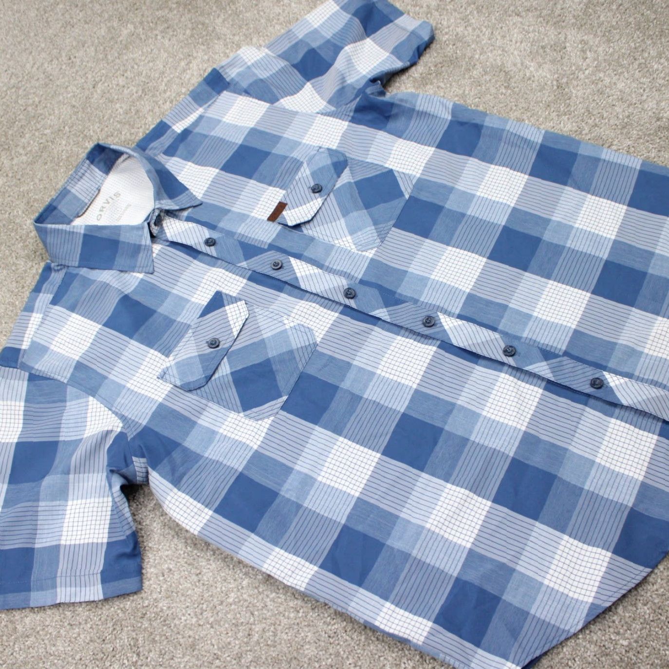 Orvis Orvis Button-Up Shirt Mens Large Blue/White Classic Collection Polyester S/S Plaid Casual Workwear Sportman Size US L / EU 52-54 / 3 - 6 Thumbnail