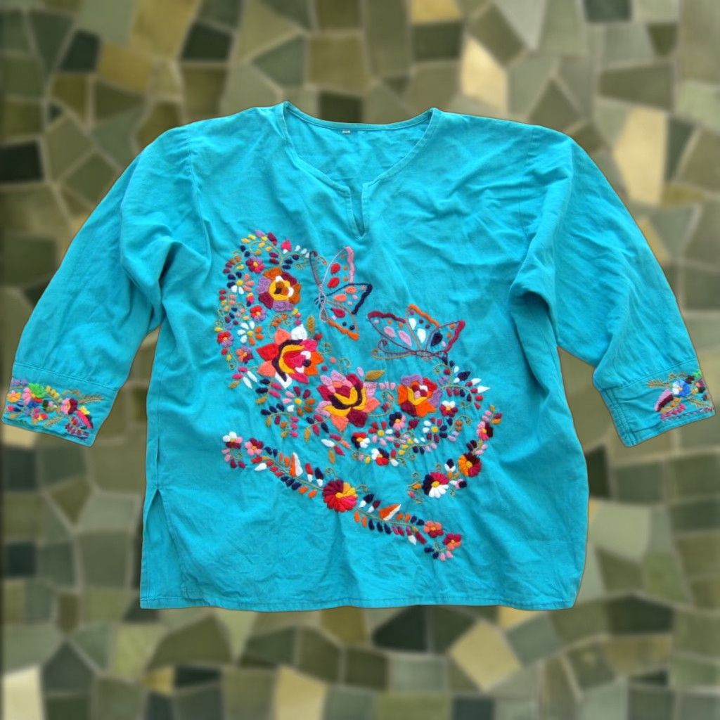 Altea Vintage Unbranded Blouse 100% Cotton Teal Pink Orange Embroidered Butterfly Floral Hippy L Women 3/4 Sleeve V-Neck Tunic Size L / US 10 / IT 46 - 1 Thumbnail