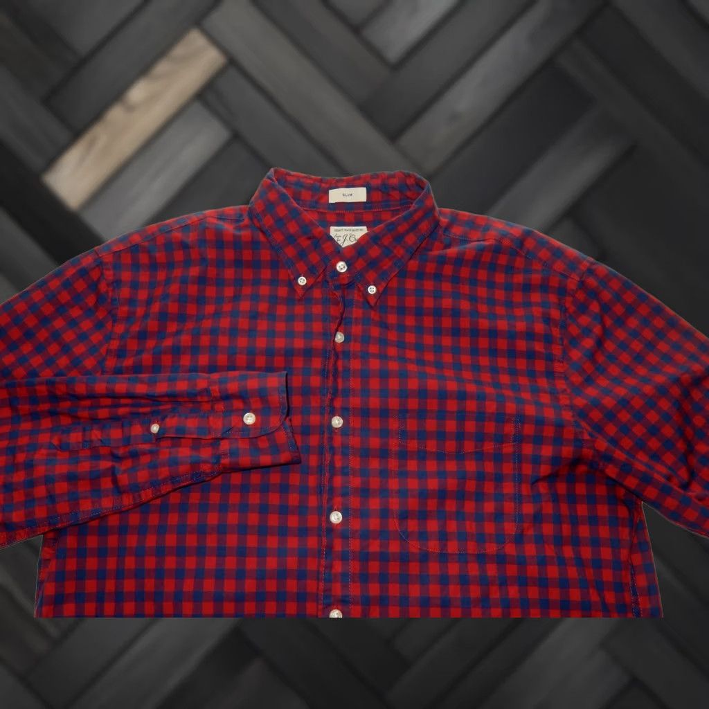 J.Crew J.CREW Men Button-Front Shirt Slim Fit Size L Red Check Long Sleeve Cotton Shirt Mens Bibb Size US L / EU 52-54 / 3 - 1 Thumbnail
