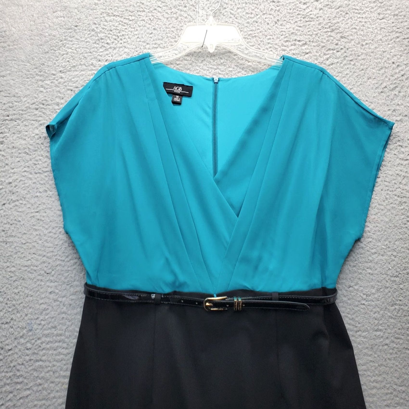 Vintage AGB Womens Size 14 Sheath Dress Green Black Belted Zip V Neck Sleeveless Back Size XL / US 12-14 / IT 48-50 - 3 Thumbnail