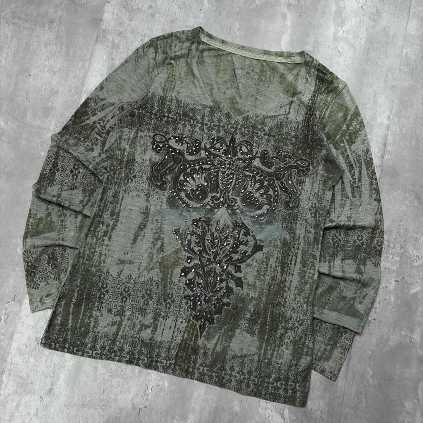 Other Y2K Green Source Grunge Gothic Embellished Long Sleeve Shirt Size M / US 6-8 / IT 42-44 - 2 Thumbnail
