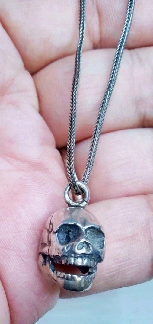 Jewelry Vintage Skull Necklace Sterling Silver 15" Steel Size 26 - 6 Thumbnail