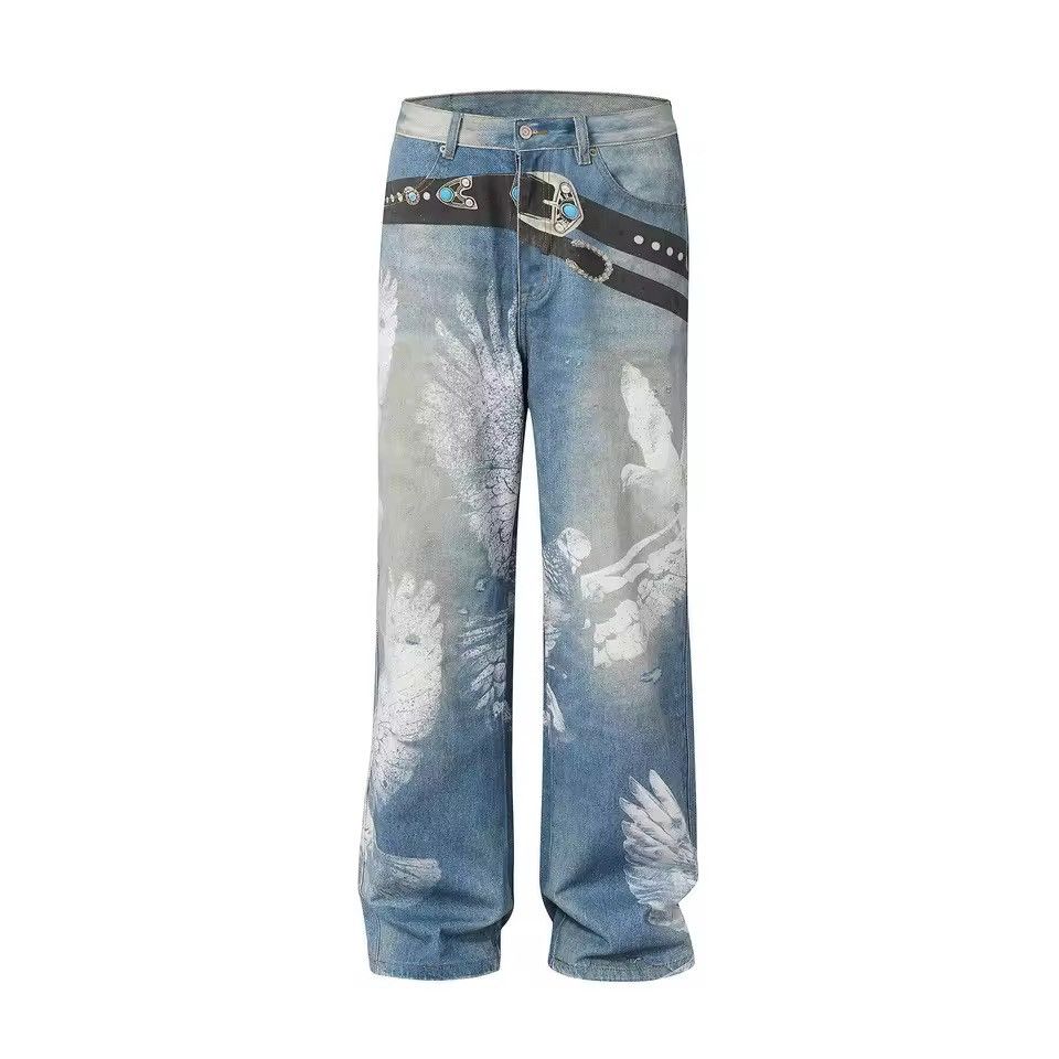 Jean Streetwear Baggy Loose Printed Washed Outdoor Jeans Pants Size US 31 - 2 Thumbnail