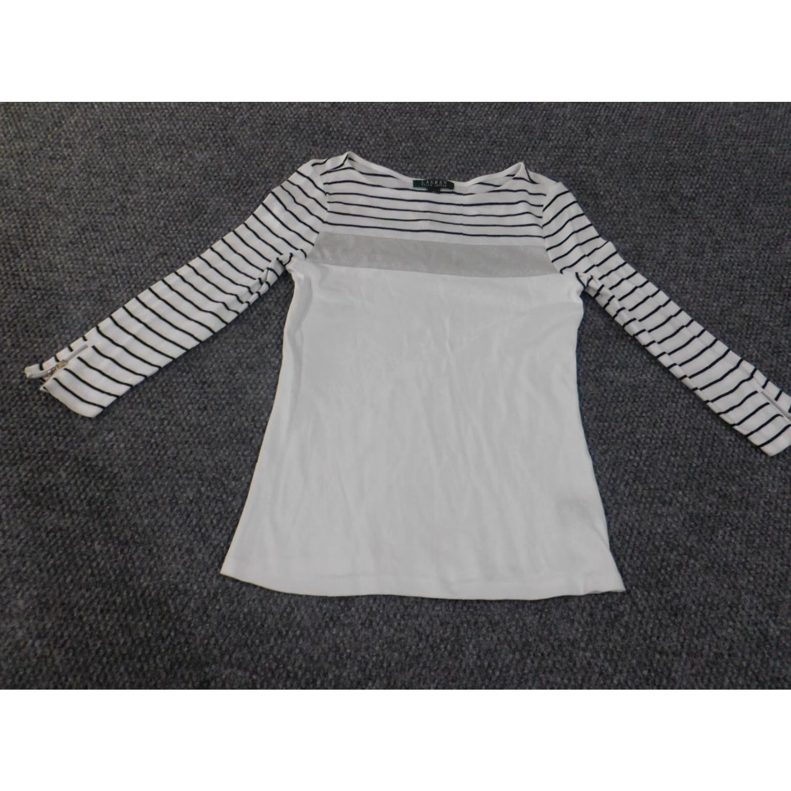 Ralph Lauren Lauren Ralph Lauren Blouse Womens Small White Striped Knit Cotton Zip Round Neck Casual Long Sleeve Regular Fit Geometric Pattern Size S / US 4 / IT 40 - 3 Thumbnail