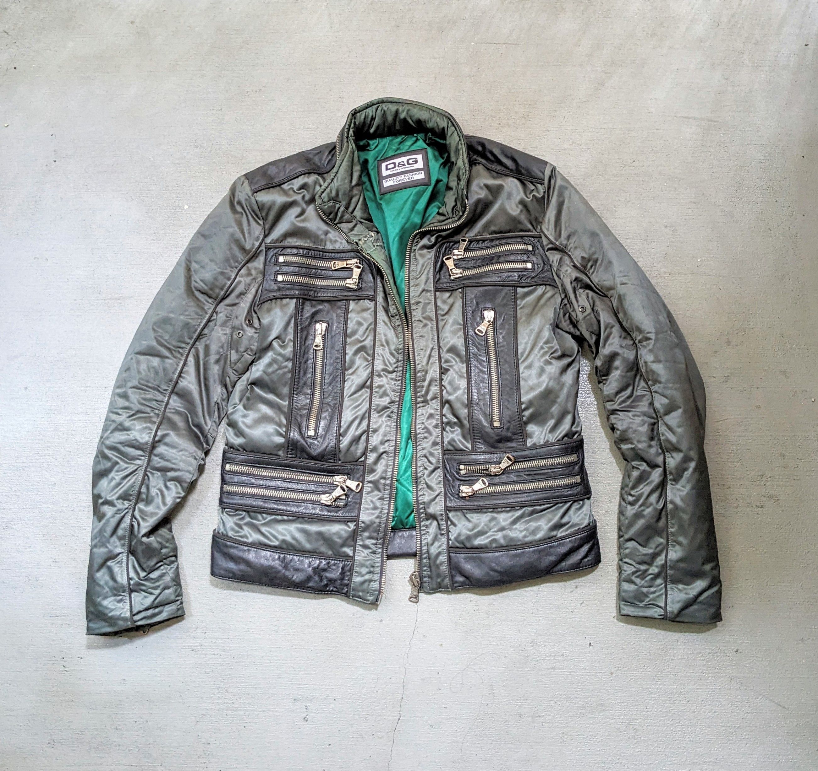 Dolce & Gabbana Nylon Leather Jacket Hoody Green 52 Zip Up