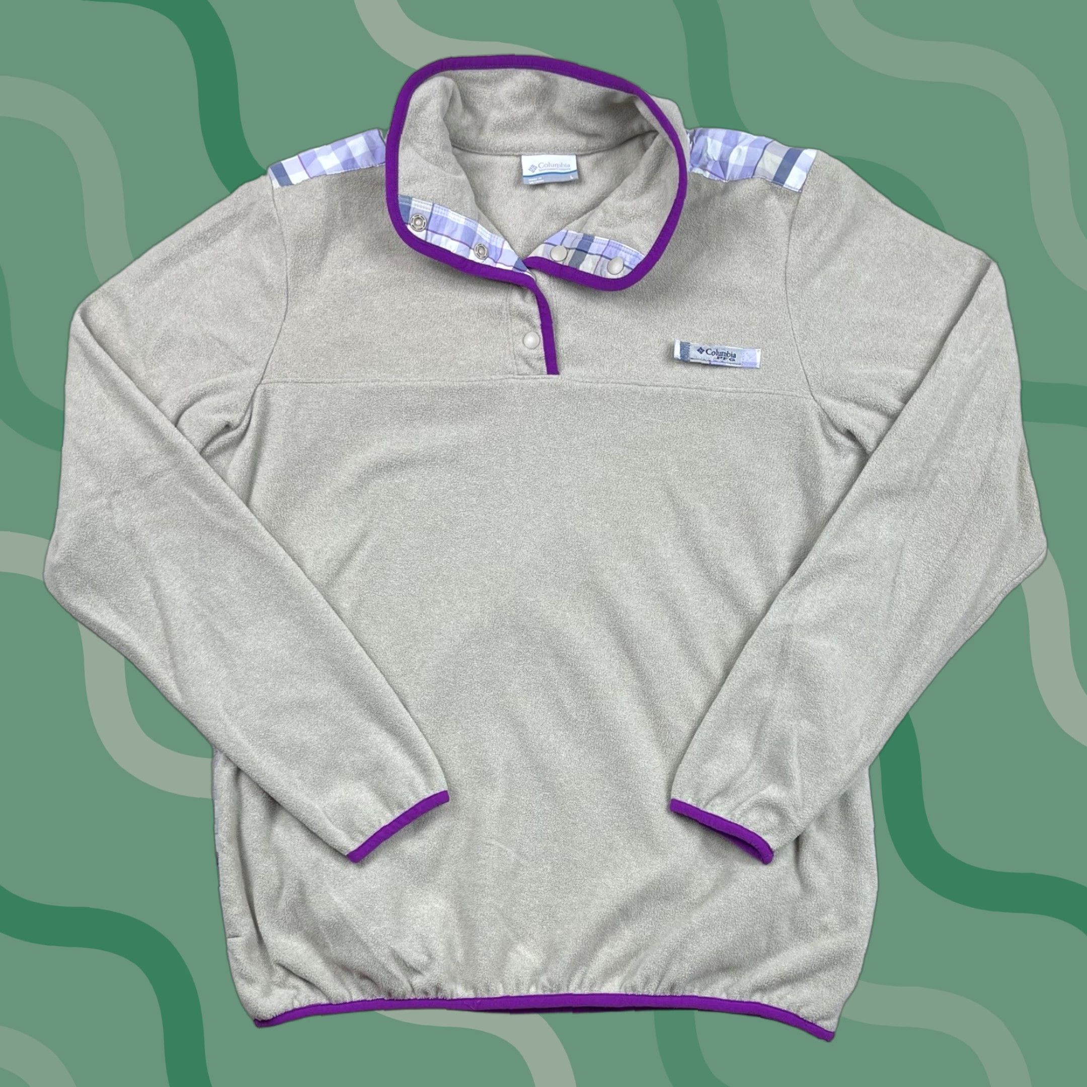 Vintage Columbia Womens PFG Fleece T Snap Sz Large Pullover Jacket Beige Pockets Casual Mid-Length Size L / US 10 / IT 46 - 1 Thumbnail