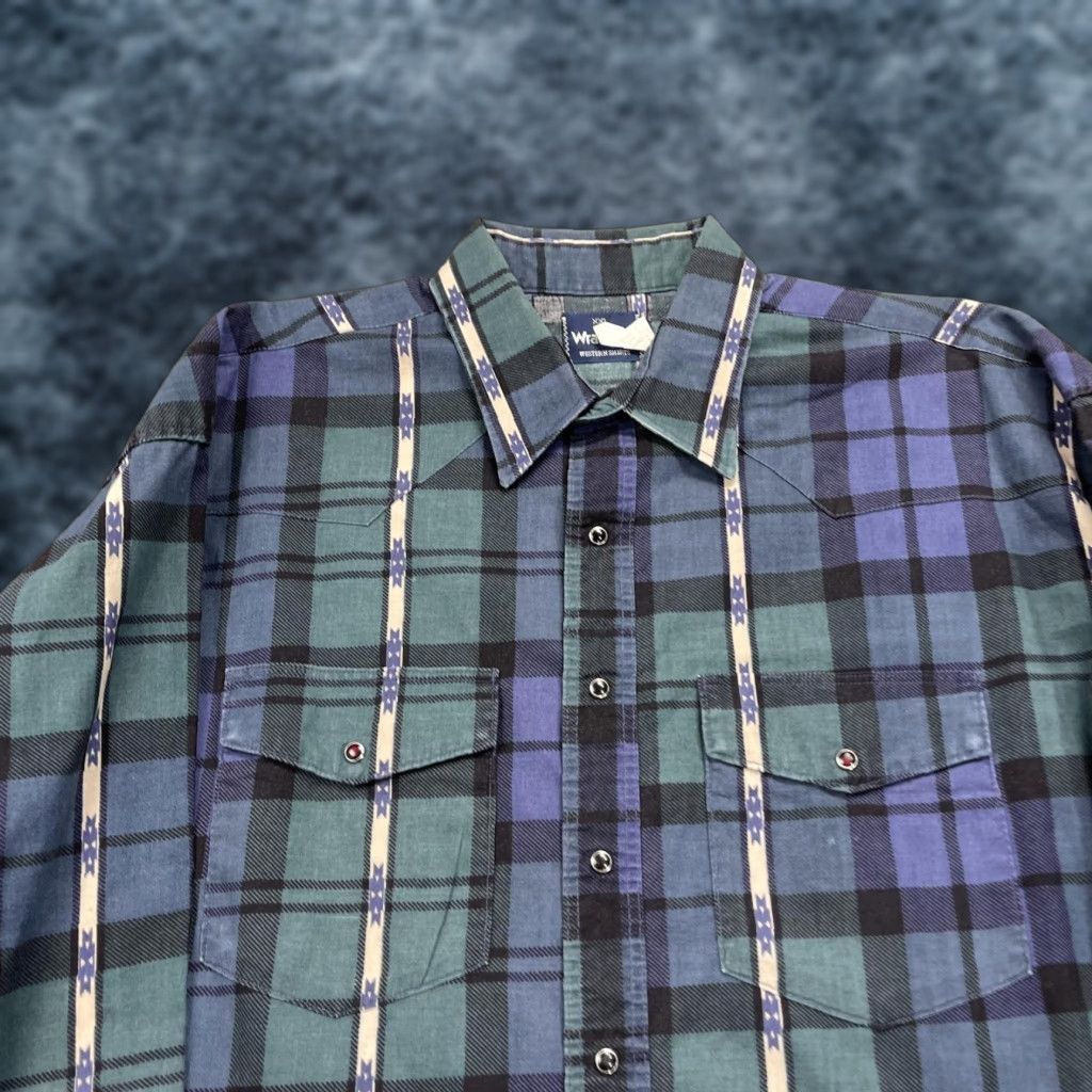 Wrangler VINTAGE Wrangler Shirt Mens 2XL Blue Green Plaid Western Pearl Snap Aztec USA Size US XXL / EU 58 / 5 - 1 Thumbnail