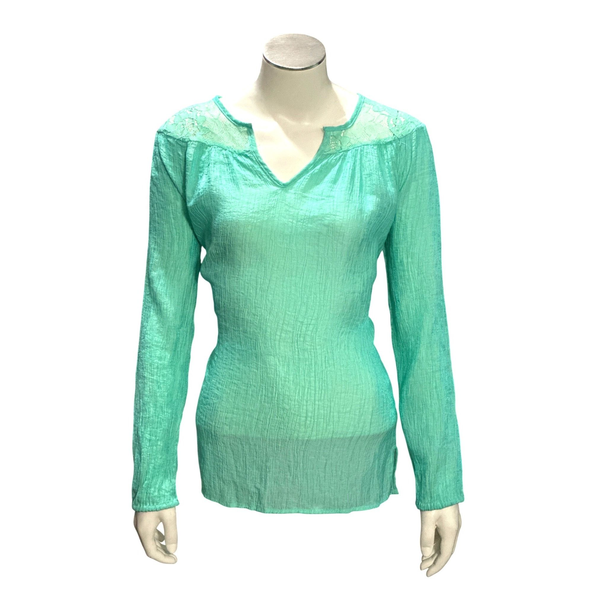 Other CCC Sheer Teal Long Sleeve Blouse With Lace Accents Crinkled Size M / US 6-8 / IT 42-44 - 1 Thumbnail