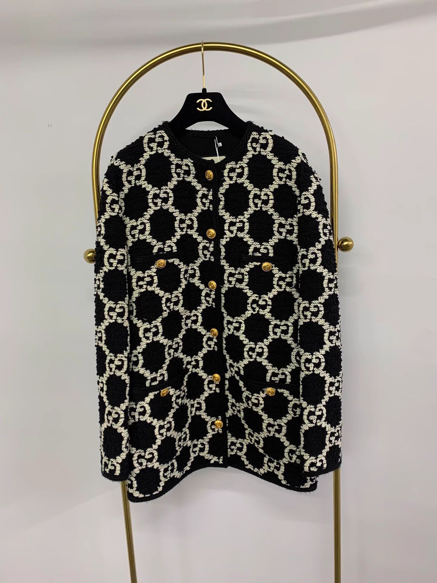 Gucci black white full logo tweed overcoat 38 new