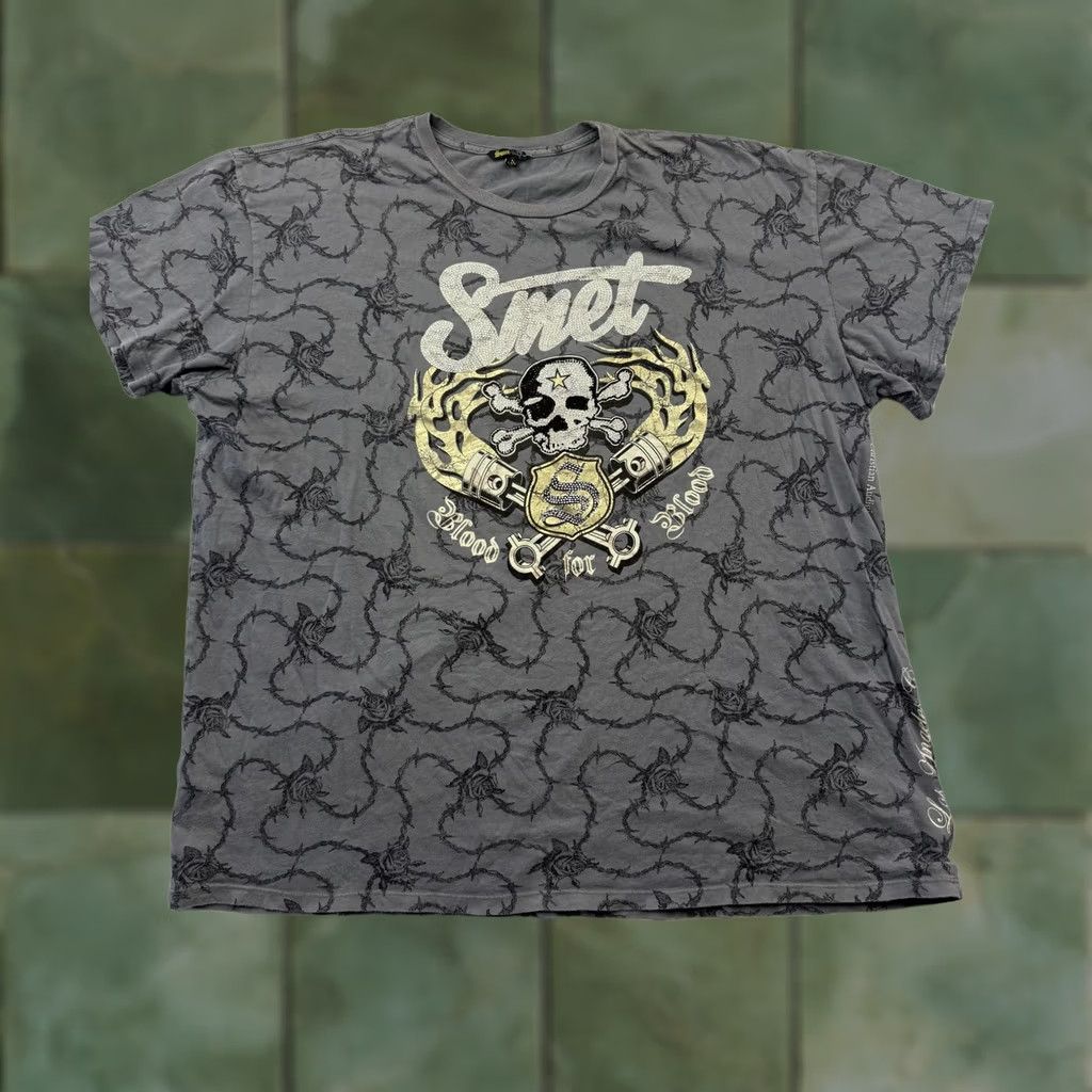 Vintage Smet Shirt Mens 2XL Gray Skull Rhinestone Graphic Tee Biker Blood For Blood USA Shirt Size US XXL / EU 58 / 5 - 1 Thumbnail