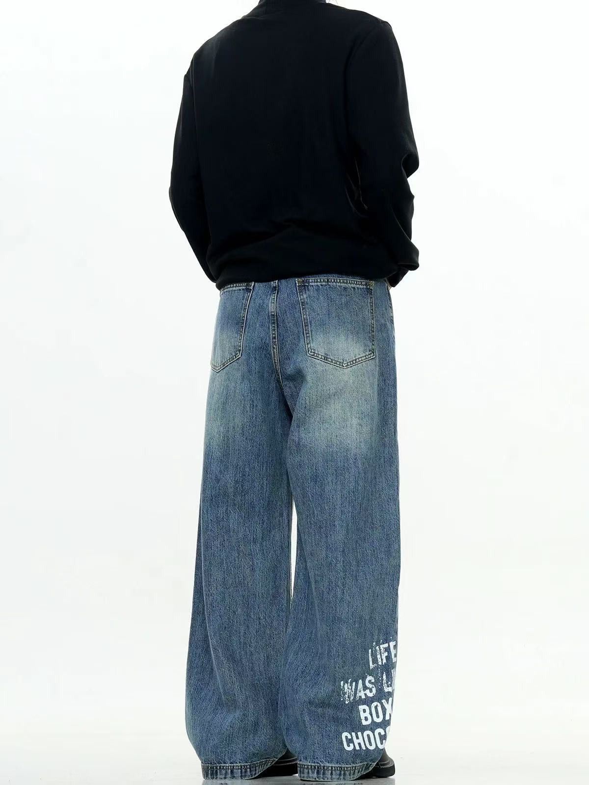 Vintage Retro men's loose casual street letter print washed jeans Size US 32 / EU 48 - 5 Thumbnail