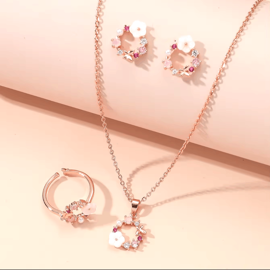 Japanese Brand Rose Gold-Color Flower Fashion 4 Piece Jewelry Set NEW Size ONE SIZE - 1 Thumbnail