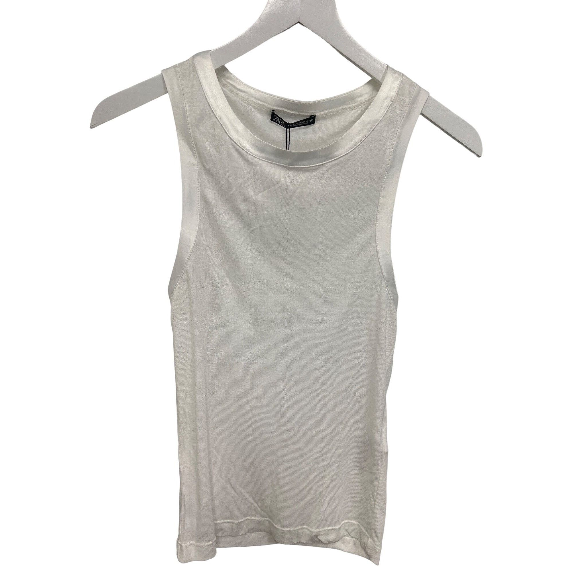 Zara Zara White Ribbed Tank Top With Silky Trim Detail Size M / US 6-8 / IT 42-44 - 1 Thumbnail