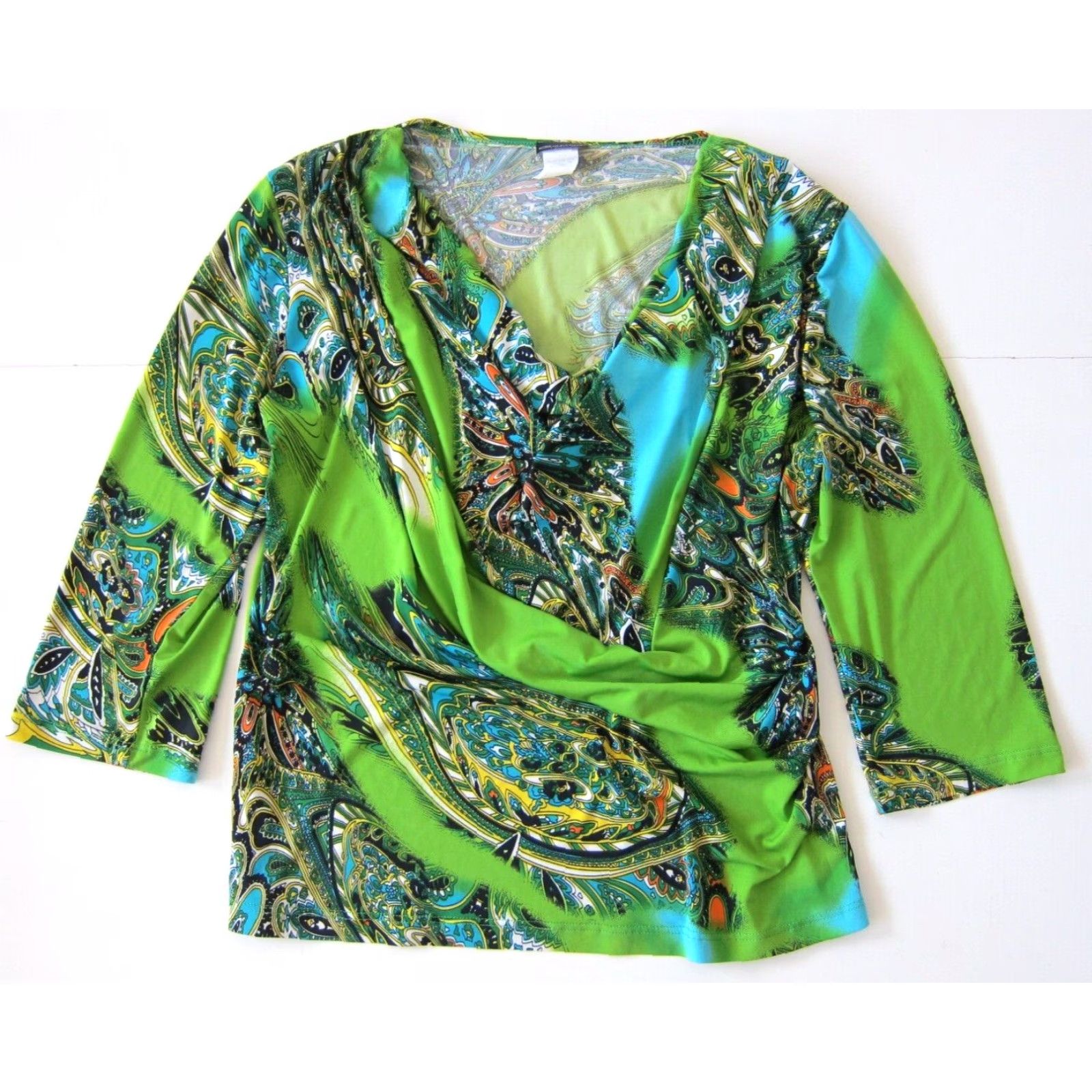 Vintage Caribe Blouse 3/4 Sleeve Ruched Neck Paisley Stretch M Green Black Blue Floral Shirt Womens Size M / US 6-8 / IT 42-44 - 7 Thumbnail