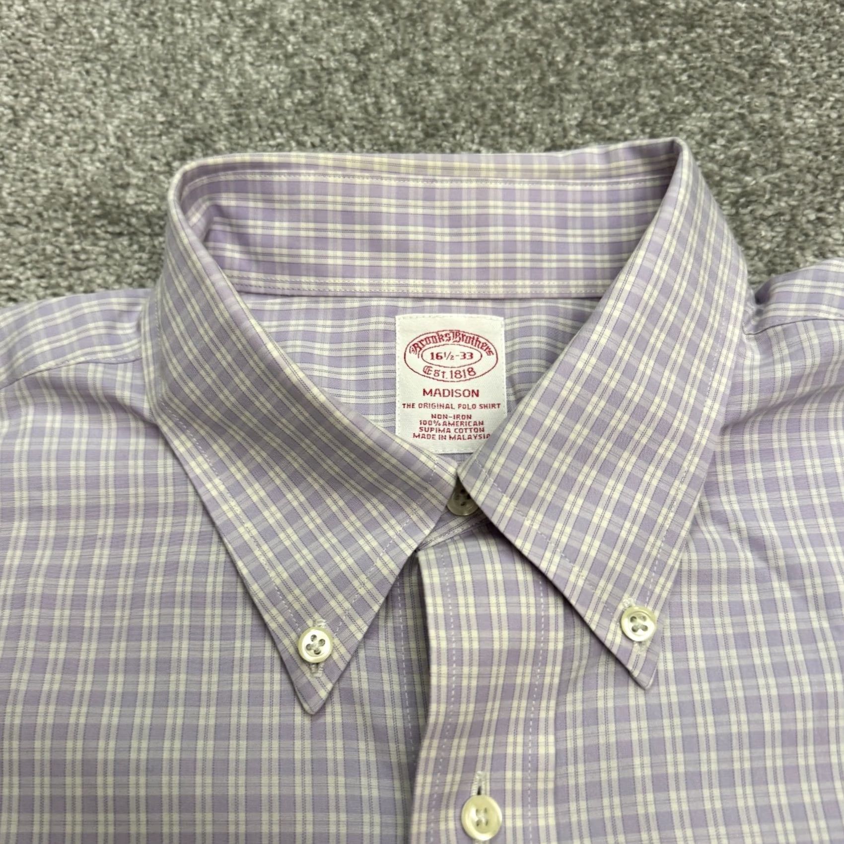 Brooks Brothers Brooks Brothers Dress Shirt Mens 16.5/33 Lavender White Check Cotton Non-Iron Size 46R - 4 Thumbnail