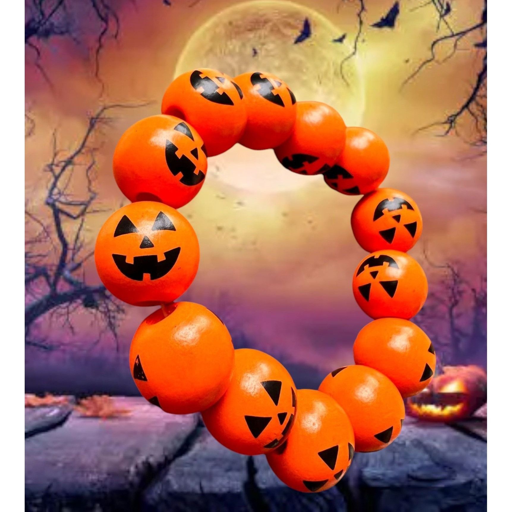 Handmade Jack O Lantern Halloween Stretch Bracelet New Wooden Beads O Size ONE SIZE - 1 Thumbnail