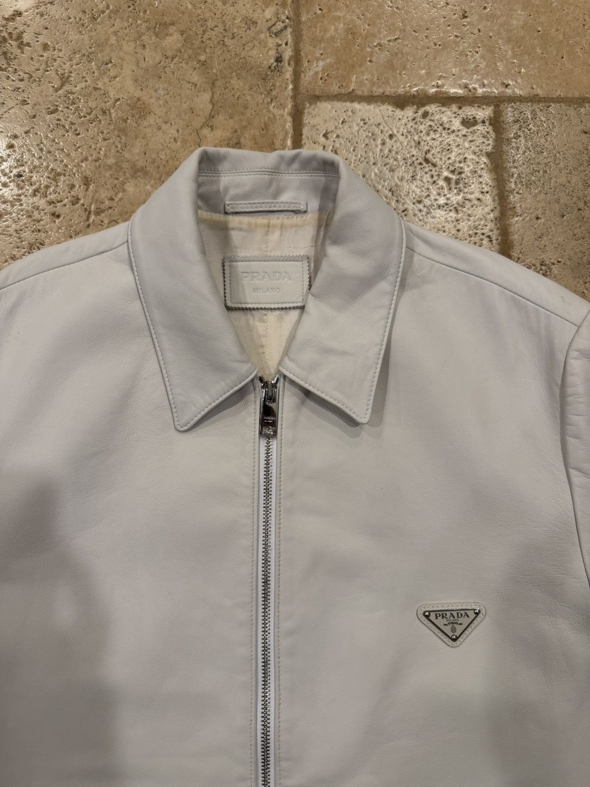 Prada Prada Nappa White / Light Grey Leather Zip Up Blouson Jacket Size US L / EU 52-54 / 3 - 6 Thumbnail