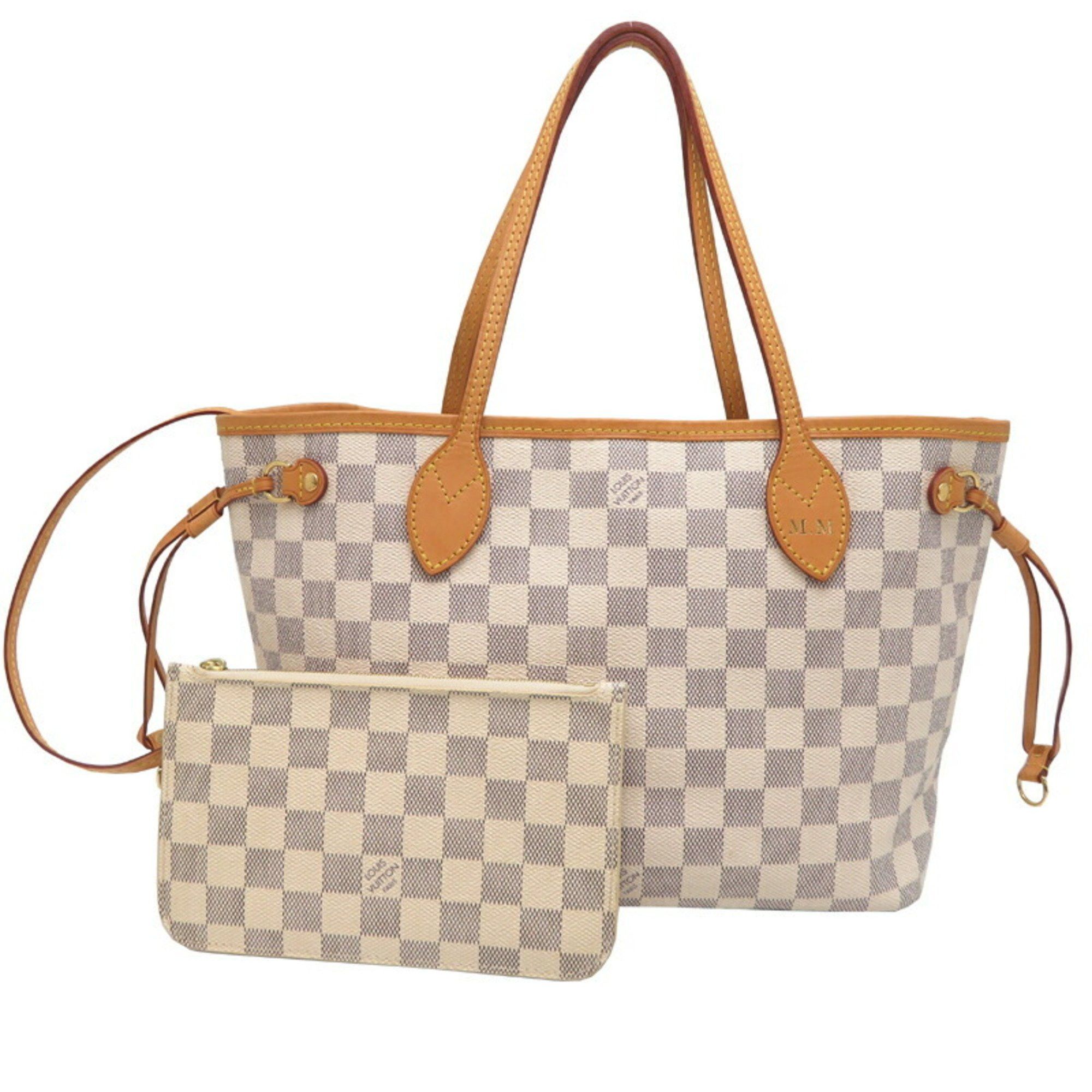 Louis Vuitton Neverfull Pm Women's Tote Bag With Initials M.m. At The Base N41362 Damier Azur White