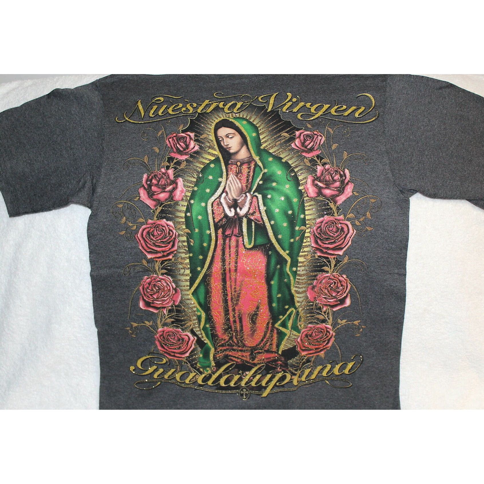 Vintage GUADALUPE VIRGIN MARY T-Shirt, Charcoal Gray, Adult Medium, Graphic Tee, Unisex Size US L / EU 52-54 / 3 - 2 Thumbnail
