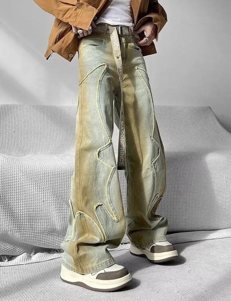 Japanese Brand × Jean Retro yellow mud straight wide leg draped design jeans Size US 30 / EU 46 - 1 Thumbnail
