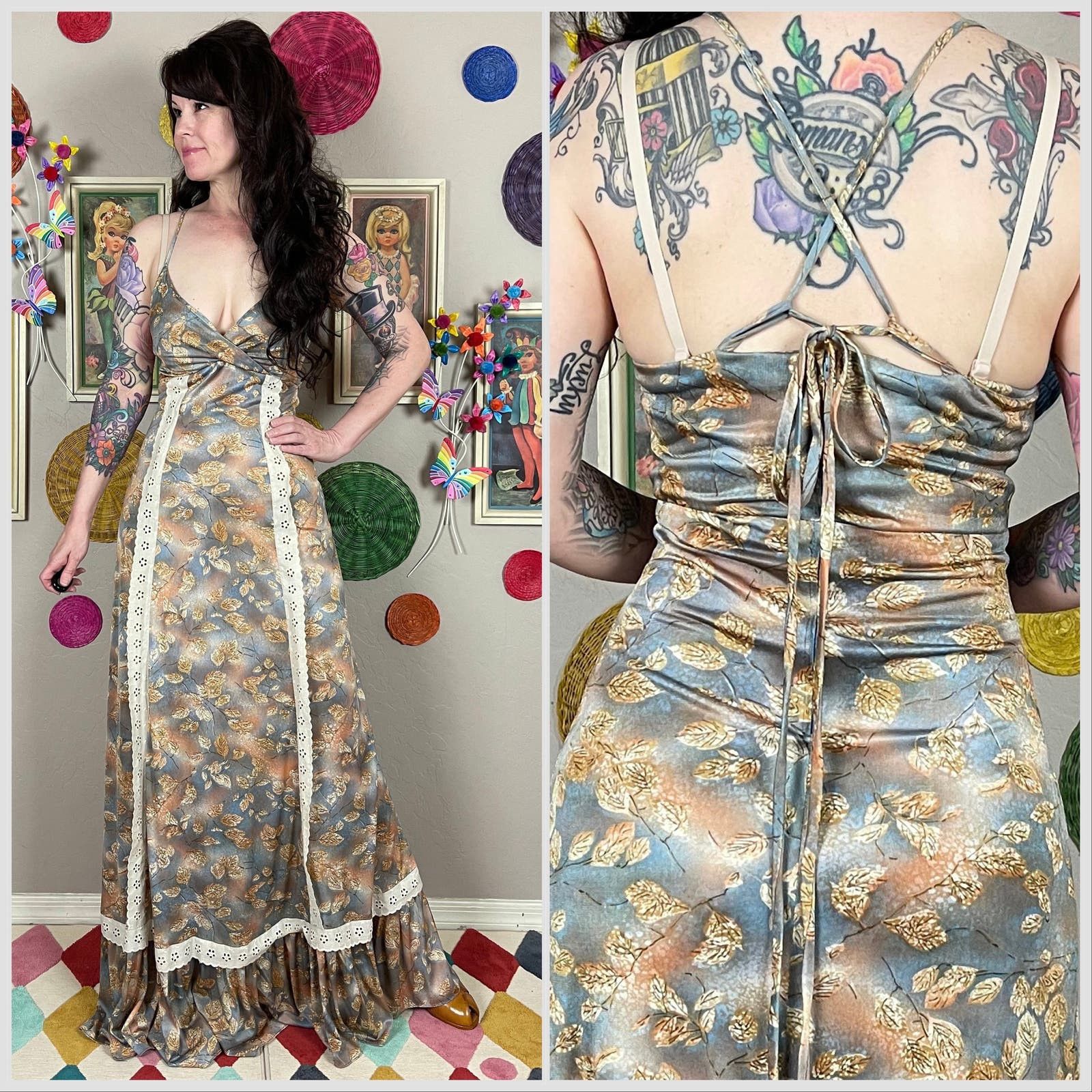 image of Vintage 1970S Blue And Brown Leaf Print Strappy Back Maxi Dress, Women's (Size XS)