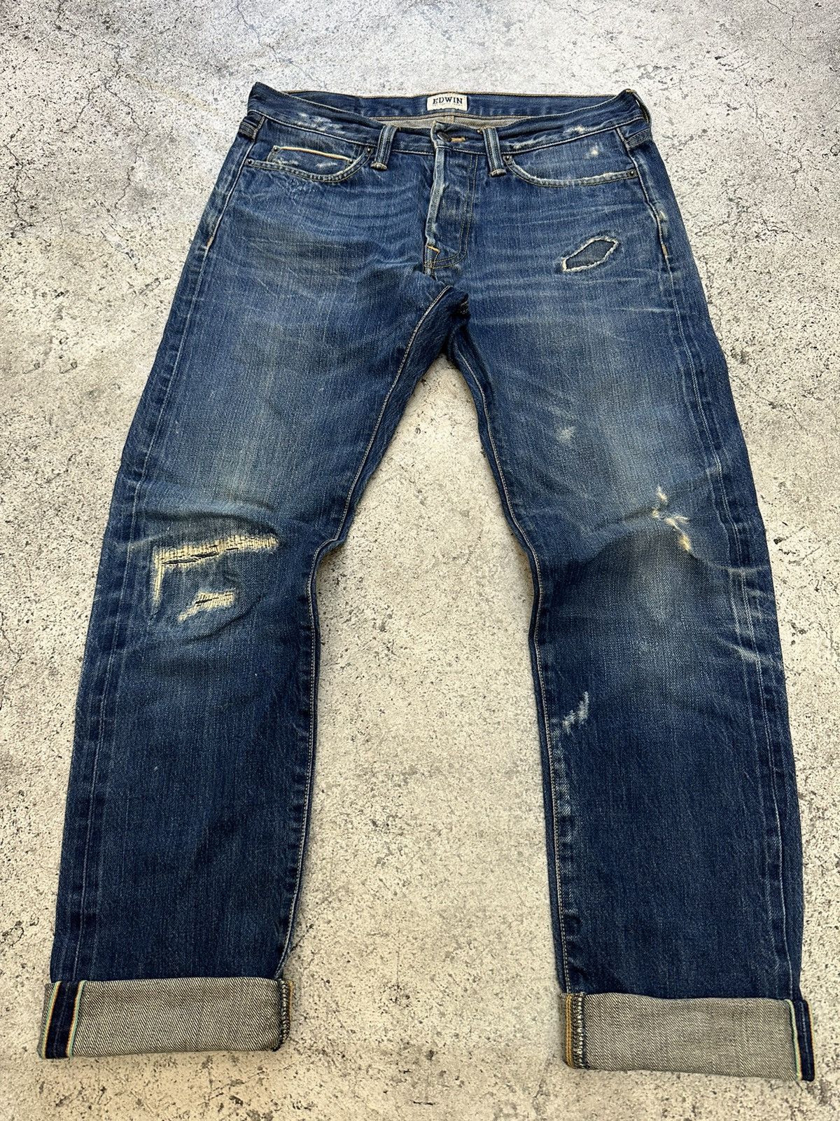 image of Edwin Selvedge Denim Jeans Distressed in Navy, Men's (Size 31)