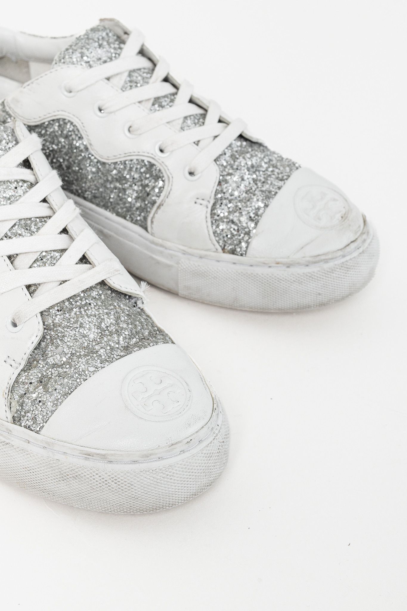 Tory Burch Tory Burch Milo Lace-Up Leather Silver-Glitter Sneakers Size US 7.5 / IT 37.5 - 8 Thumbnail