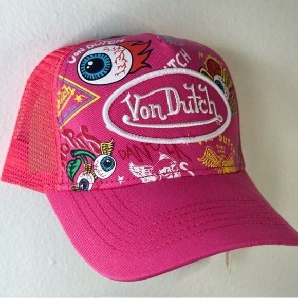 Designer × Von Dutch NWT VON DUTCH JAX HOT PINK ALL OVER PRINT TRUCKER HAT Size ONE SIZE - 3 Thumbnail