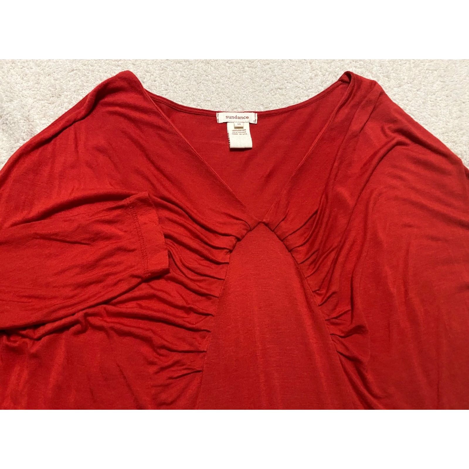 Vintage Sundance Shirt Womens Medium 3/4 Sleeve V-Neck Red Blouse Pullover Solid Cotton Rayon (New) Size M / US 6-8 / IT 42-44 - 2 Thumbnail