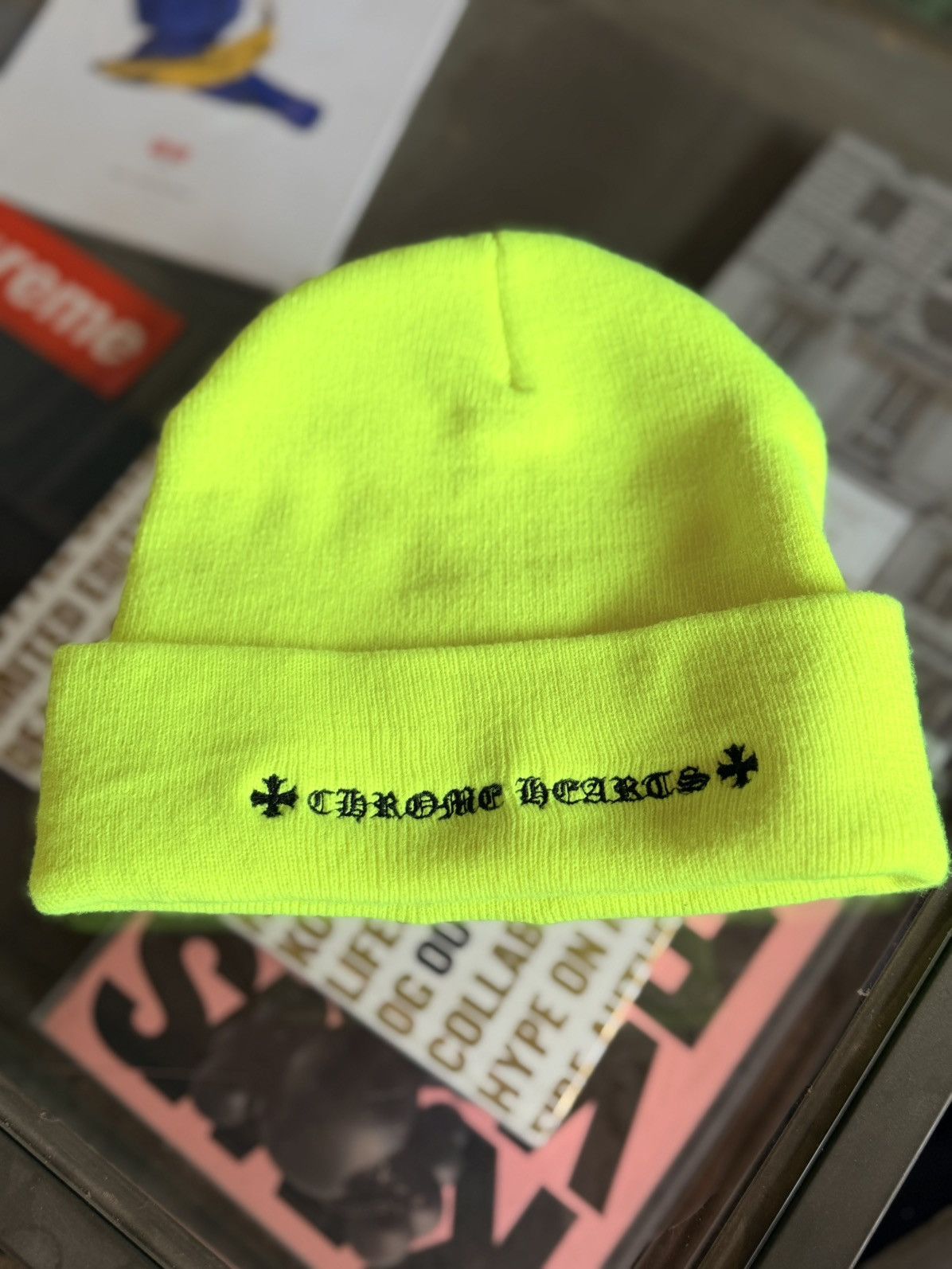 Chrome Hearts Lime Green Triple Cross Beanie Size ONE SIZE - 2 Thumbnail