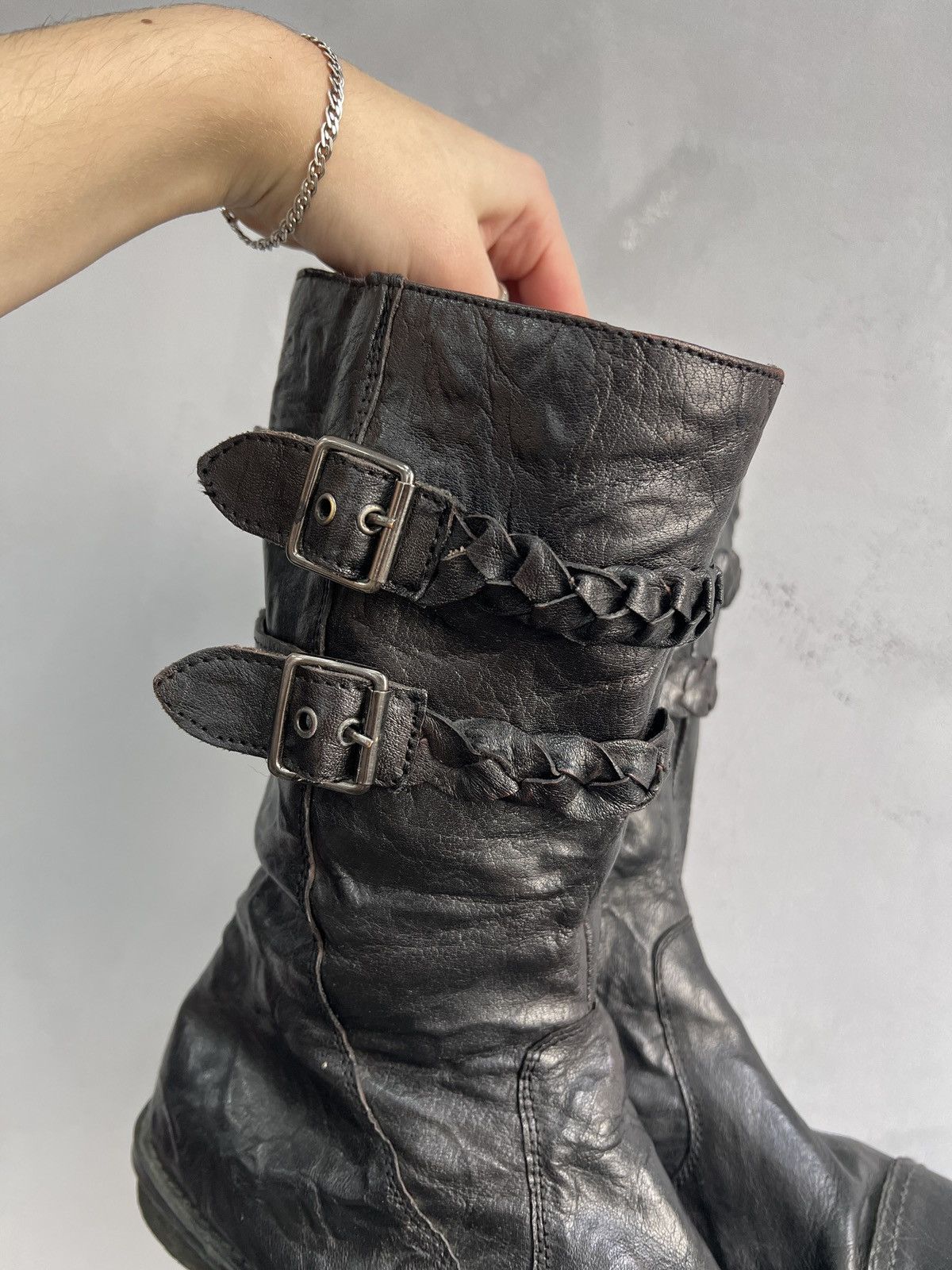 Hedi Slimane A.S. 98 style leather moto belted boots gothic style hype Size US 8 / EU 41 - 2 Thumbnail