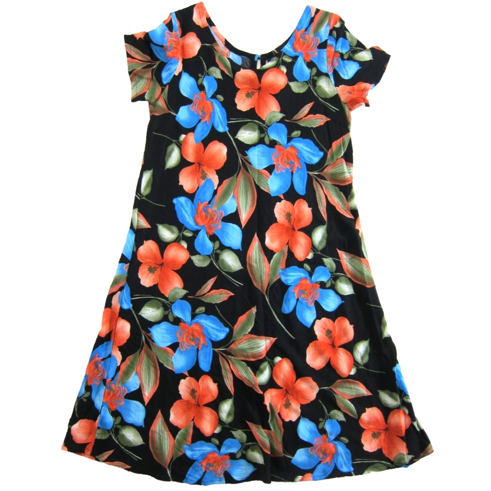 Vintage Hibiscus Collection Hawaii Rayon Black Orange Blue Short Sleeve Shift Dress M Size 32" / US 10 / IT 46 - 2 Thumbnail
