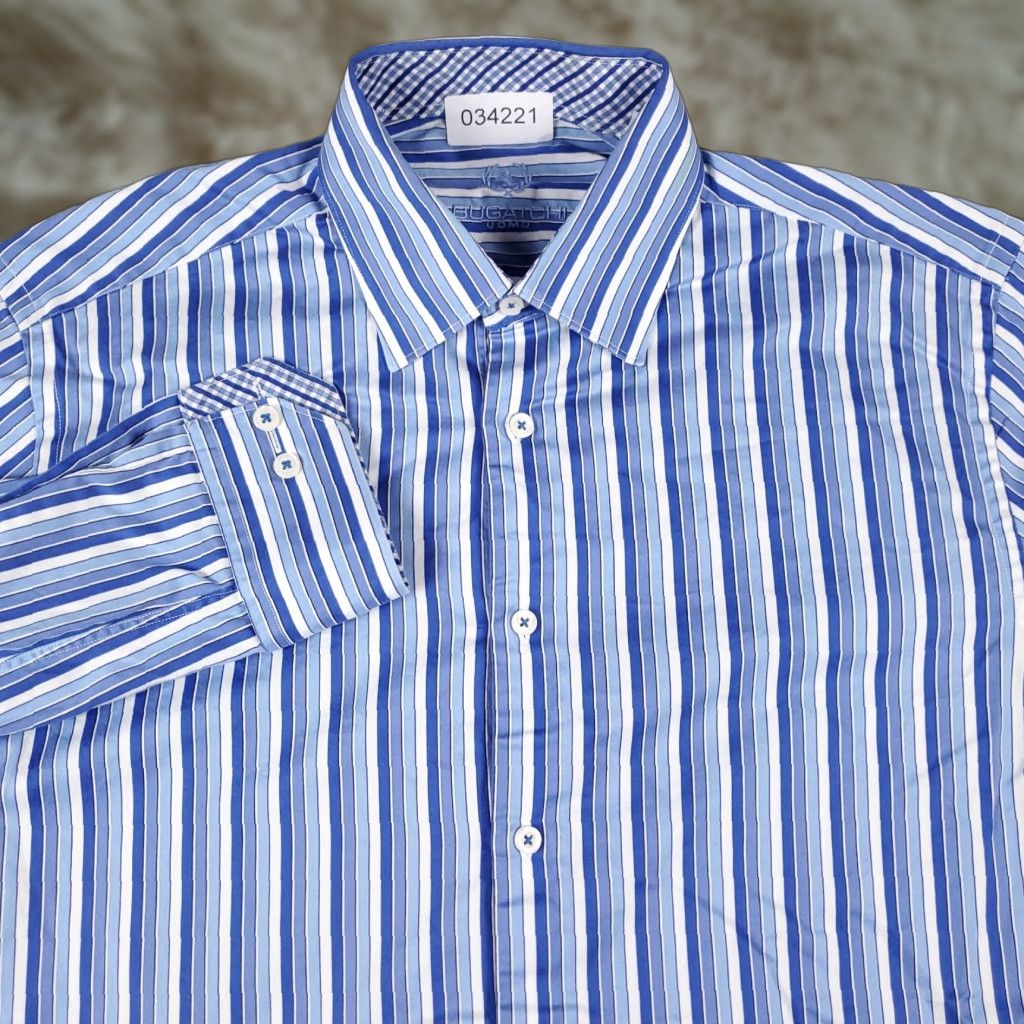 BUGATCHI Bugatchi Uomo Blue Striped Dress Shirt 16.5 Long Sleeve Mens Regular Fit Size 42R - 1 Thumbnail