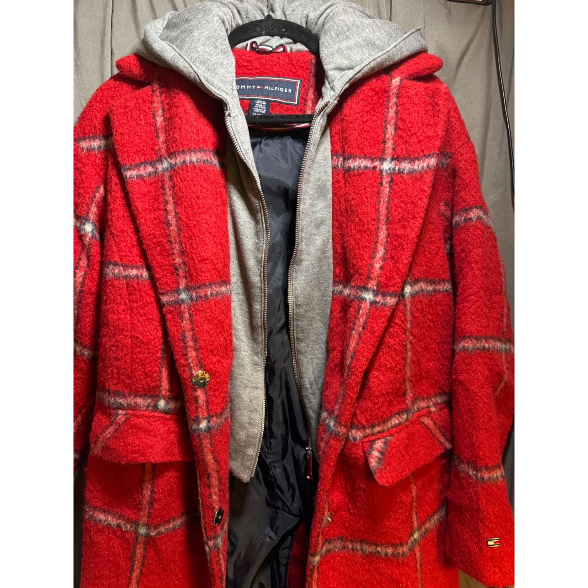 Tommy Hilfiger Tommy Hilfiger Red Plaid Wool Blend Coat With Gray Hood XS Size XS / US 0-2 / IT 36-38 - 9 Thumbnail