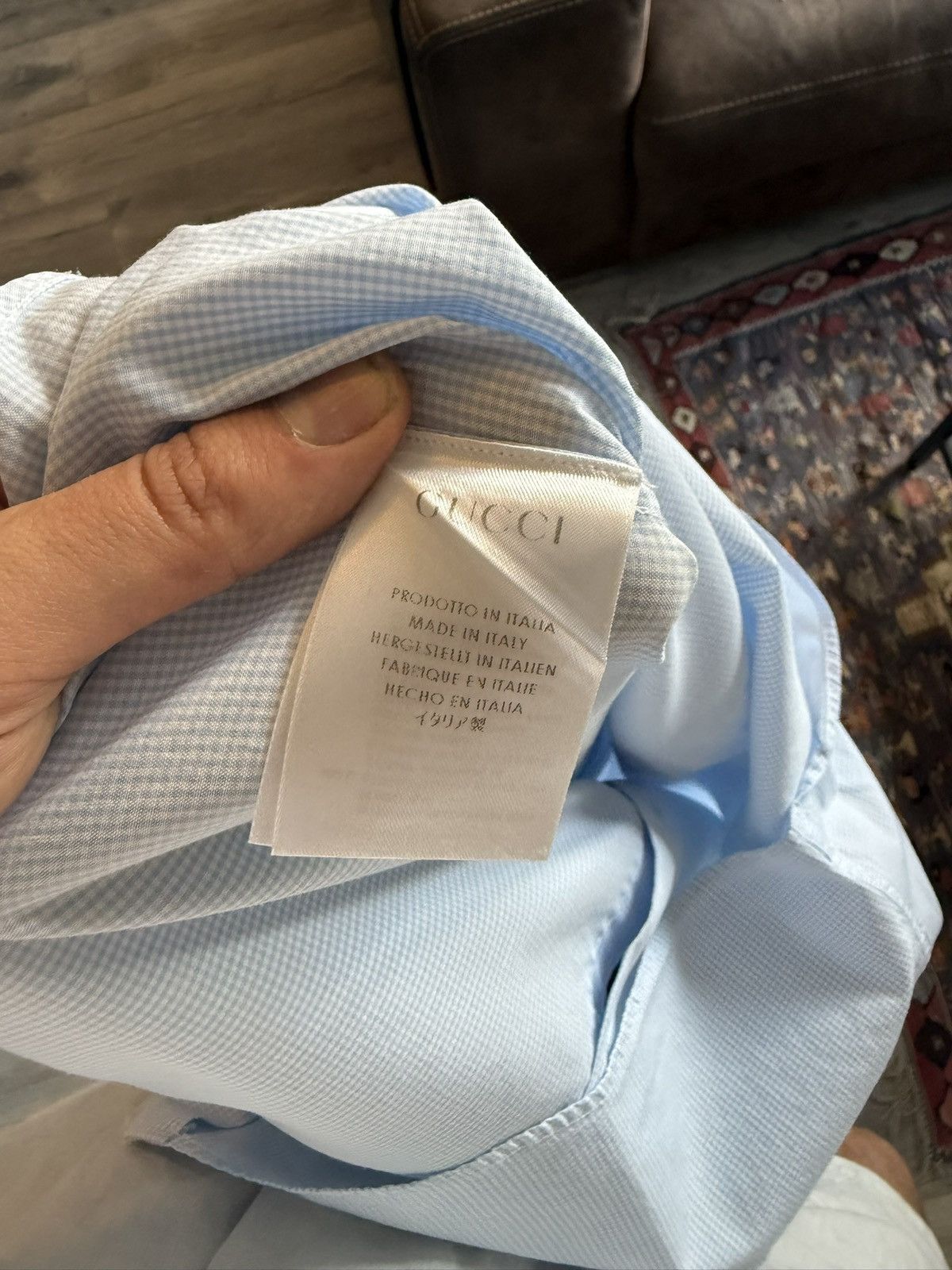 Gucci Light Blue Micro-Gingham Shirt with Striped Collar Size US M / EU 48-50 / 2 - 13 Thumbnail
